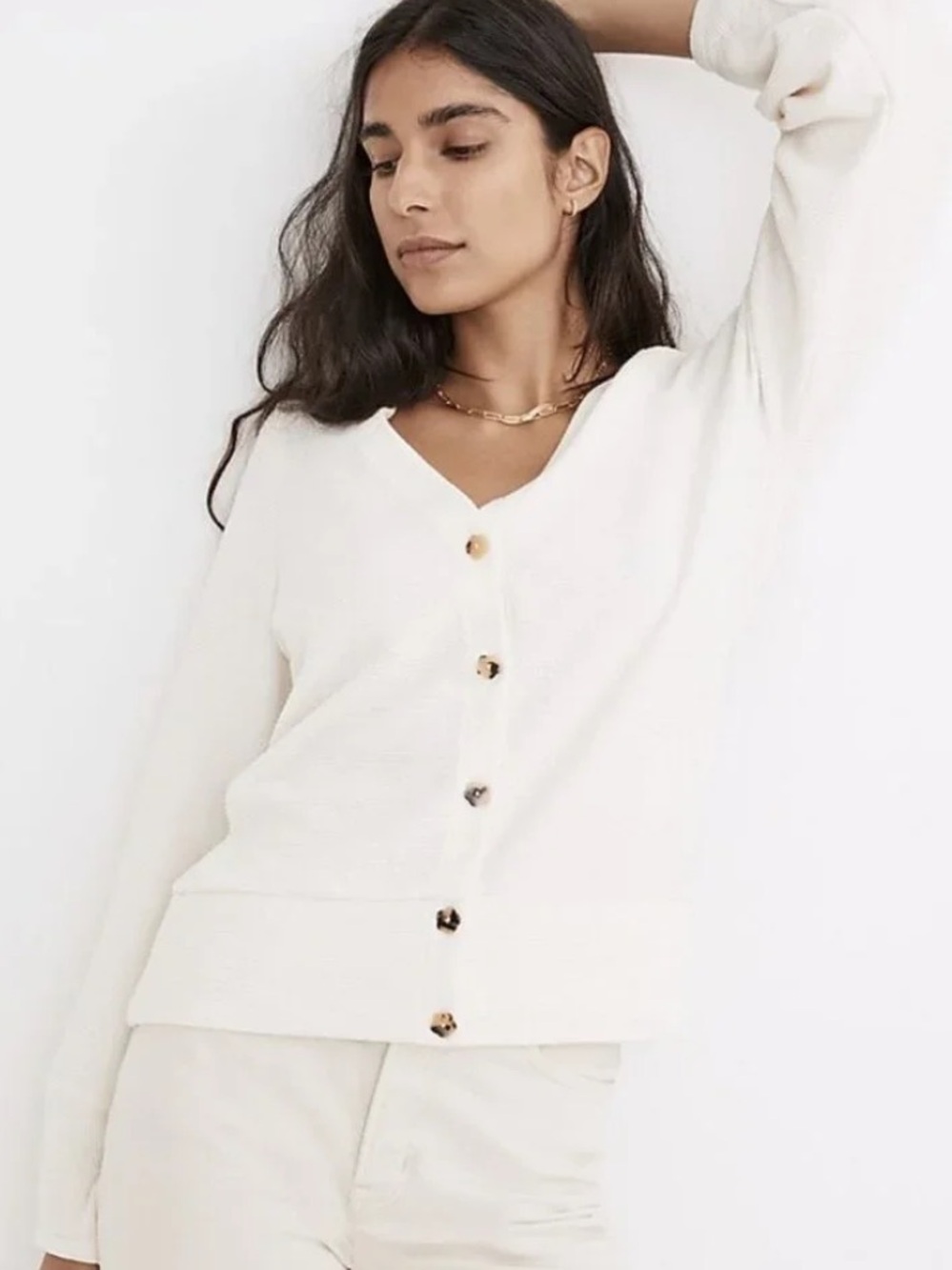 Madewell Cream Floral Buttons Crepe Natural Linen Fishermans Cardigan Sweater